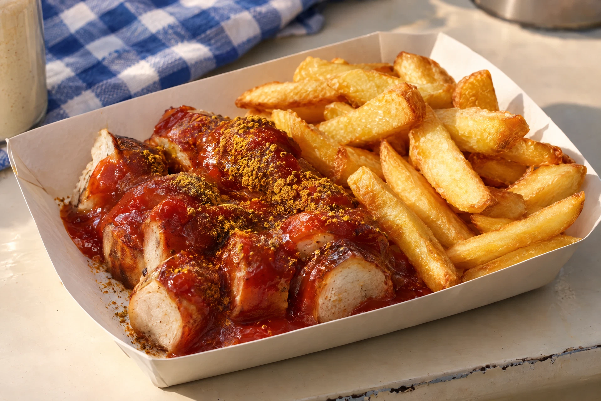 Serviervorschlag: Currywurst mit roter Currysauce und goldenen Pommes